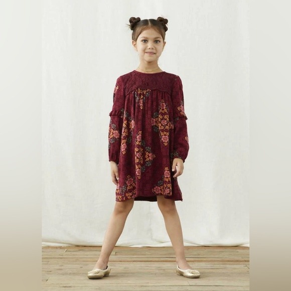 Matilda Jane Other - Matilda Jane Girls Burgundy Floral Lace Yoke Long Sleeve Dress Size 14